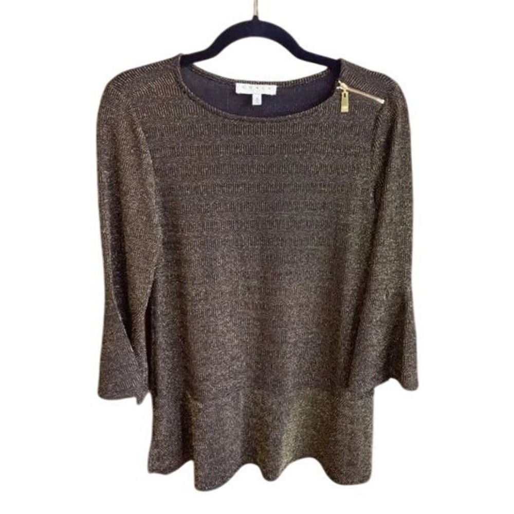 CHAUS Womens Black Gold Metallic Knit Bell Sleeve Zipper Accent Top‎ Size Small